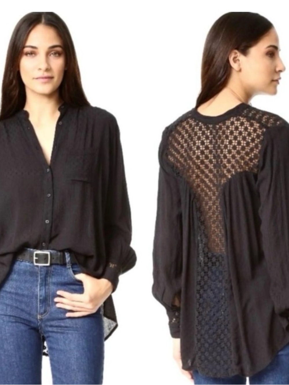 Free People Best Button Down Black Lace Top Blouse Size Small